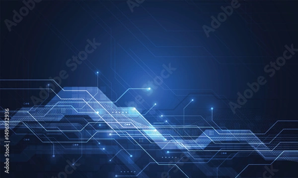 Fototapeta Abstract blue glowing line technology circuit board background design. Communication dot and line speed internet concept. Vector illustration