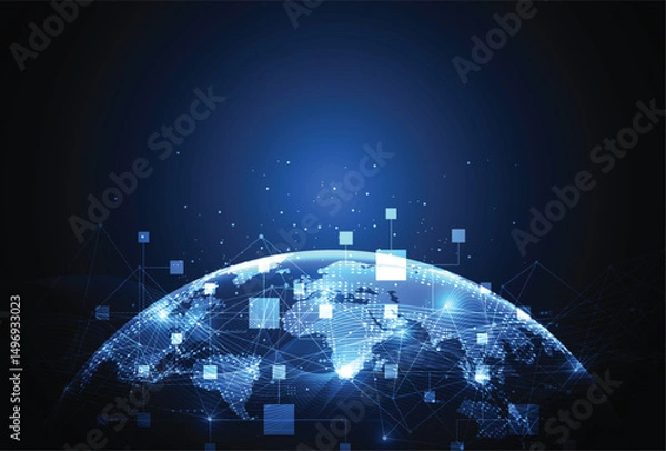 Obraz Abstract global blockchain network connection on technology background. Big data of business design. Vector illustration