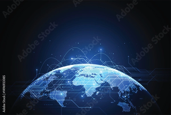 Fototapeta Abstract global network connection on technology background. World map point and line composition concept of global business