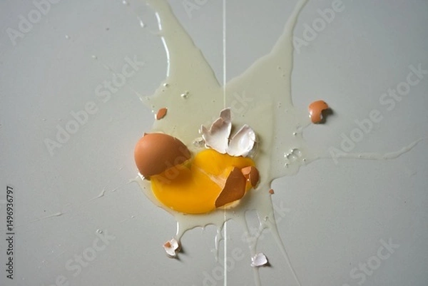 Obraz A broken egg on a kitchen floor after a fall, conceptual image, never give up, never lose hope, the shape of the egg looks like a chicken trying to fly.