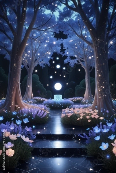 Obraz Mobile wallpaper,  a magical garden at night with glowing flowers and a luminous stone altar