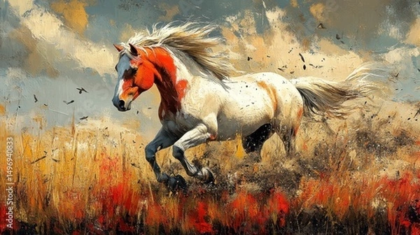 Fototapeta Painted horse gallops dynamically through a vibrant field under an expressive sky
