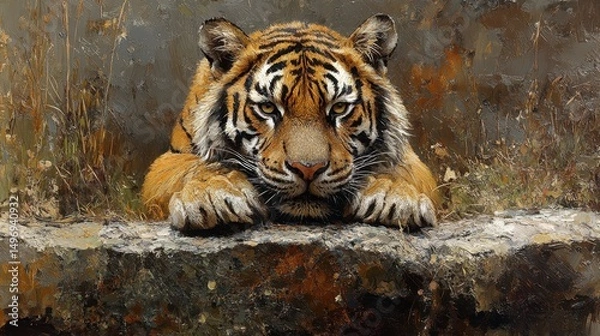 Fototapeta Majestic tiger rests, its gaze intense. Rich textures, earthy tones. Captured wildlife portrait