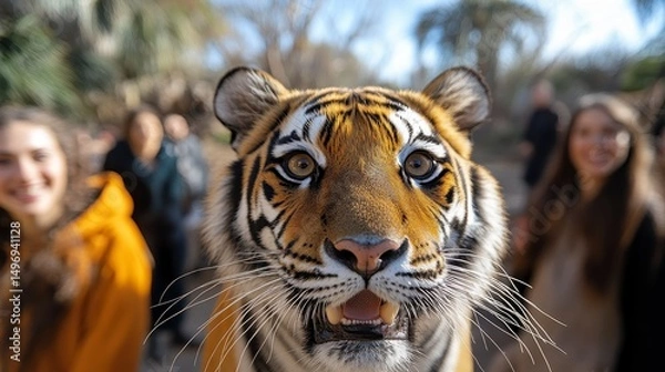 Fototapeta Tiger face close-up with people blurred behind, creating a zoo scene with natural lighting