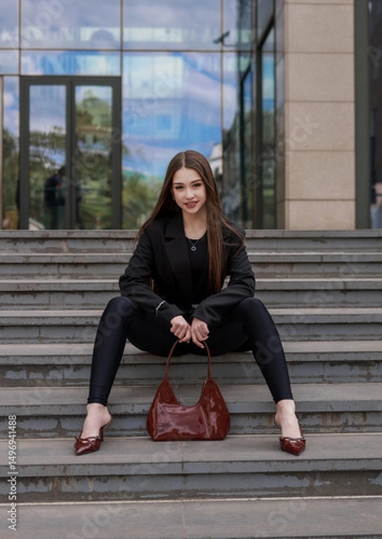 Fototapeta Girl with a patent leather handbag against the background of a stylish building.