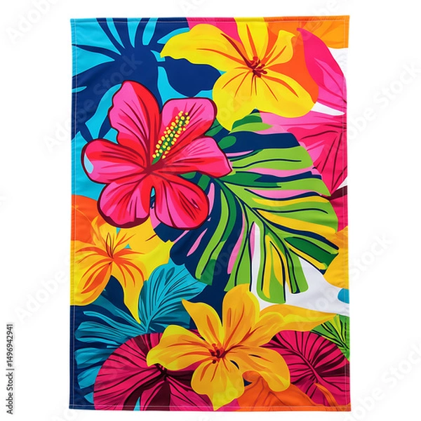 Obraz Vibrant Beach Towel with Large Tropical Motifs in a Hawaiian Flower Print Isolated on Transparent Background