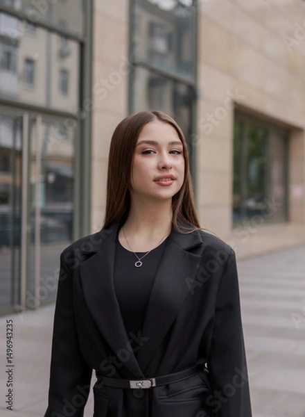 Fototapeta Portrait of a beautiful brunette in a classic jacket on a city street.
