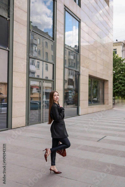 Fototapeta Beautiful girl in patent burgundy shoes against the background of a business center.