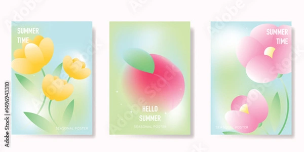 Fototapeta Abstract colorful gradient fruit and flower card background set. Minimalist poster with tulip flower, peach. Modern summer and spring wallpaper design for home decoration, website, banner, ads.
