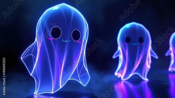 Fototapeta Colorful glowing ghosts dance playfully in a dark digital space during a Halloween celebration