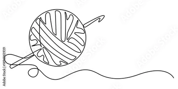 Fototapeta yarn and crochet hook continuous one line drawing, Knitting, ball of wool and needles Illustration, Balls of thread. Skein of knit. Vector art line, yarn ball and crochet hook crafting supplies pro.