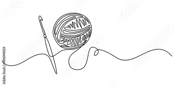 Fototapeta yarn and crochet hook continuous one line drawing, Knitting, ball of wool and needles Illustration, Balls of thread. Skein of knit. Vector art line, yarn ball and crochet hook crafting supplies pro.