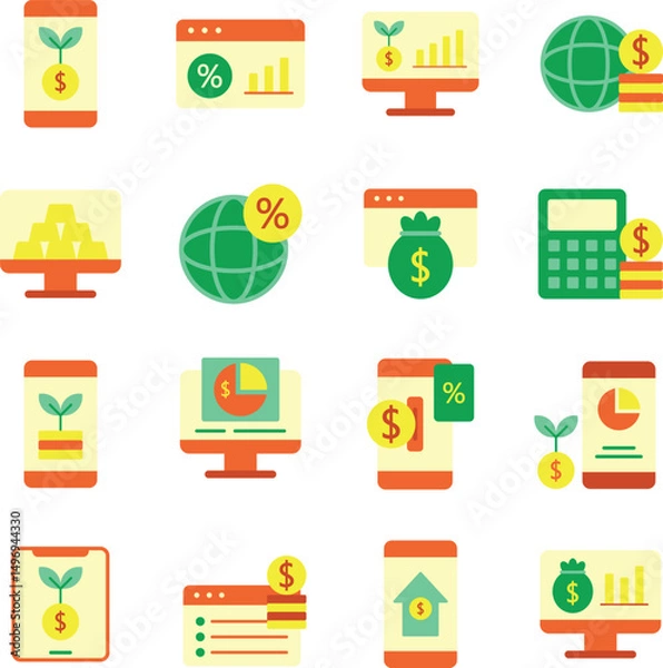 Obraz Online Investment illustration set. Includes of digital investment, stock market, finance, trading, investment portfolio, online trading, stocks, and More. Vector flat color collection