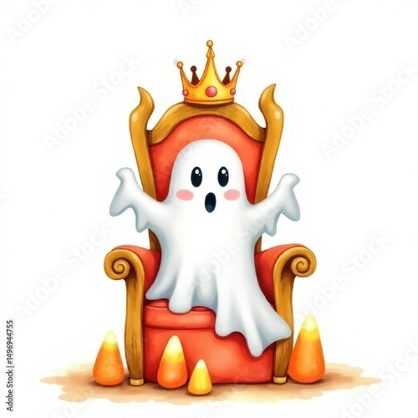 Obraz Cute ghost character sitting on a fancy throne surrounded by candy corn, perfect for Halloween decorations and festivities