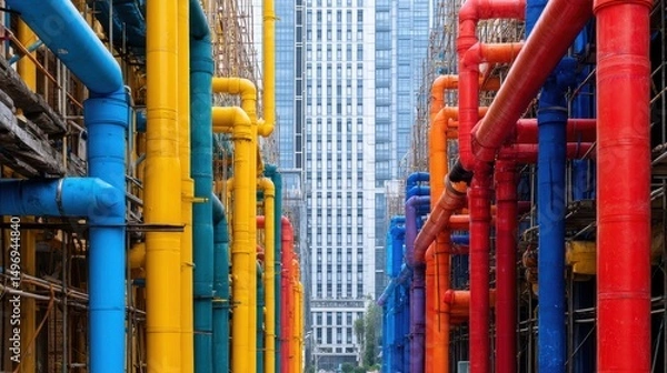 Fototapeta Colorful pipes and cables on construction site with modern architecture backdrop