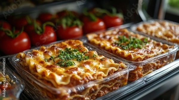 Fototapeta Display lasagna and tomatoes arranged