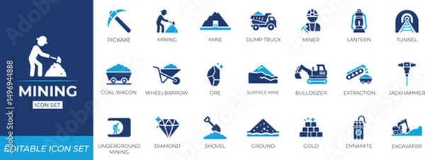 Fototapeta Mining icon set featuring industry tools, minerals, working, diamond, investment, truck, cut-out, bomb, dump truck,  and mining operations symbols for business and education projects.