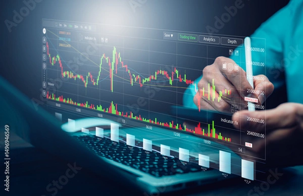 Fototapeta Businessman interacting with laptops, phones, and tablets with featuring stock tickers or graphs, cryptocurrency and new trading platforms, ideas and perspectives, Stock investment,New technology