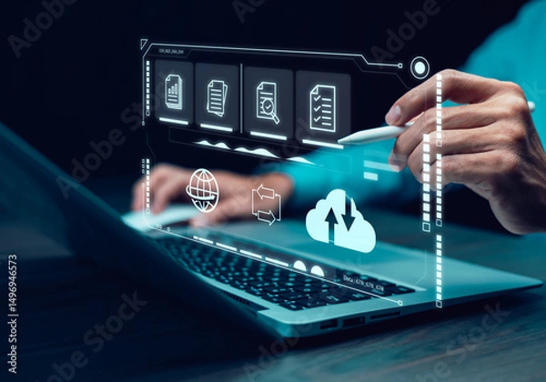 Obraz Man touching connect to data information on the Cloud Computing Technology Internet Storage Network Concept And a large database big data Through internet technology, Cloud sharing download and upload