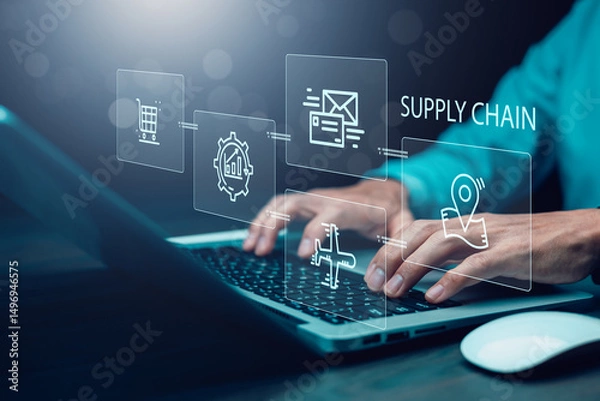 Fototapeta Supply Chain Management concept transportation and logistic suppliers, import export and transport industry. network distribution growth. container cargo ship and trucks of industrial cargo freight