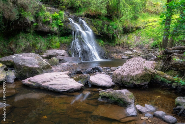 Obraz A serene Clamp Hole waterfall elegantly cascading over rugged rocks within a vibrant green forest, perfectly capturing the stunning beauty of natures pure tranquility, Slieve Bloom Mountains, Ireland