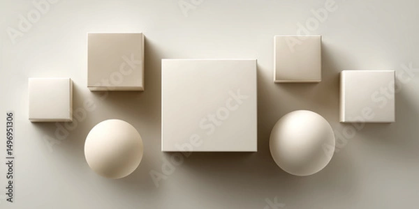 Obraz Minimal 3D abstract scene with beige cubes and spheres suspended in space, casting soft shadows on a clean background.