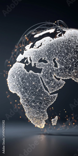 Obraz Glowing wireframe Earth sphere with light trails and points representing global digital connectivity, technology, and data flow.