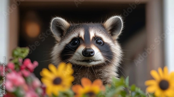 Fototapeta A raccoon exploring a backyard garden, with colorful flowers and plants