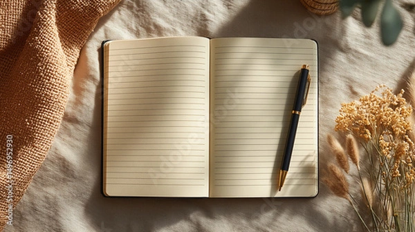 Obraz An open lined notebook with a pen resting on fabric, lit by soft natural light, symbolizing writing or reflection.