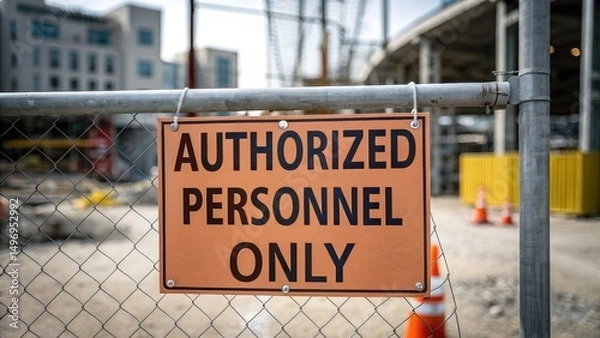 Fototapeta construction worker steel beam building process. Construction site sign indicating restricted access for authorized personnel only, set against a backdrop of ongoing building work.