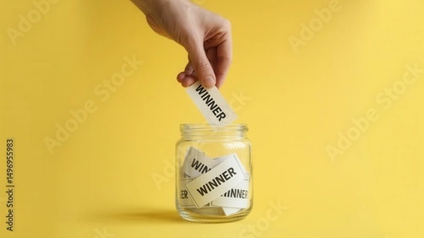 Fototapeta Hand holding a raffle ticket with "winner" written in black, drawn from a glass jar filled with blank papers, top view composition, isolated on a bright yellow background, concept of luck and prize 