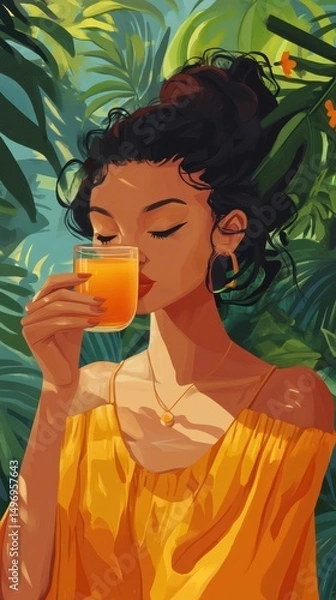 Fototapeta Asian Woman Savoring Refreshing Juice Drink Amidst Lush Greenery and Sunlight