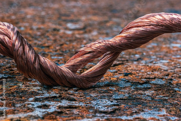 Obraz Tangled bundle of copper wire lies on a rust-covered industrial steel surface