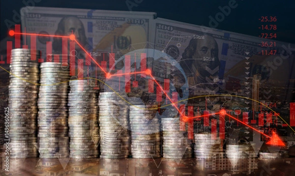 Fototapeta Recession and crisis concept: Stacks of coins and red downward arrow symbolize the decline of the global economy, markets, and wealth