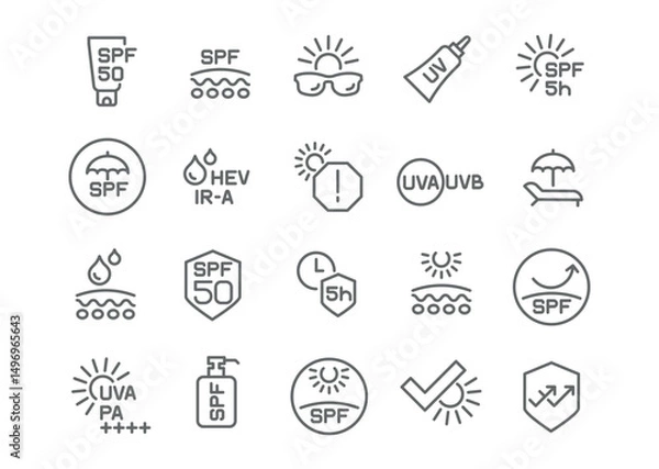 Obraz Editable Vector Icon Set on Sun Protection and SPF Theme 