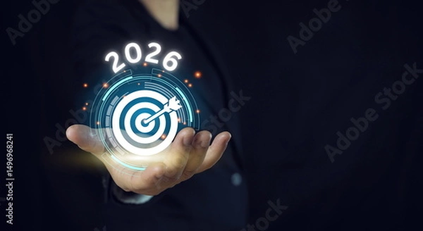Fototapeta Businessman holding goal icon from success year 2026..Development to business success and achievement in 2026 year.