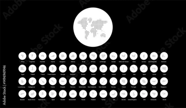 Obraz Dotted Country Silhouettes Icon Set. Includes Africa, USA, France, India, China, and 59 other countries in halftone vector style.