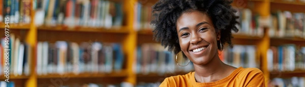Fototapeta Happy student smiling in library with bookshelves in background, confident and joyful expression