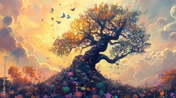 Fototapeta Large Flowering Tree Silhouette Under a Golden Sky with Birds