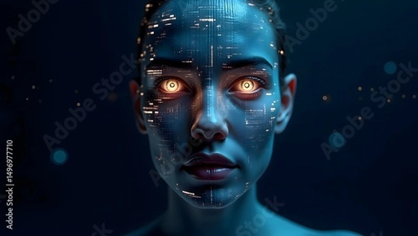 Obraz Futuristic Cybernetic Face with Glowing Eyes and Digital Code