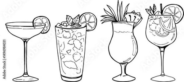 Fototapeta Cocktails illustration set ink hand drawn drinks  for menu and promotions