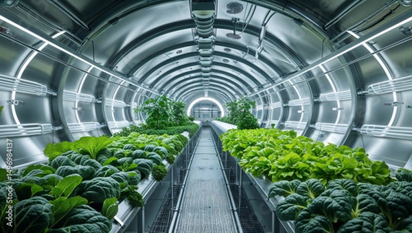 Fototapeta A sleek, futuristic greenhouse cultivates crops using advanced agricultural technology inside a tunnel.