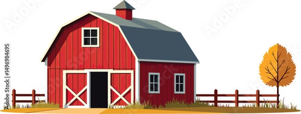 Fototapeta Farm with red barn vector simple 3d smooth isolated on white background