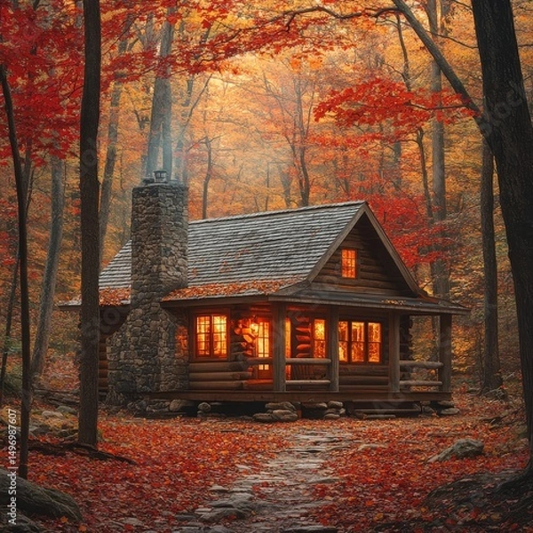 Obraz Cozy autumn cabin, forest path, warm lights, fall foliage, nature escape