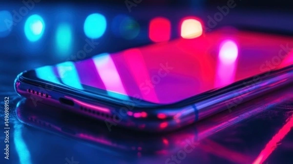 Fototapeta Smartphone bathed in vibrant neon reflections embodying modern technology