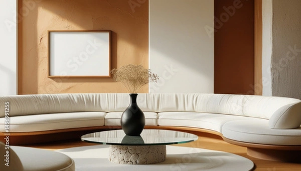 Fototapeta Mockup poster frame on textured terracotta wall in elegant modern living room with curved white sofa and glass coffee table