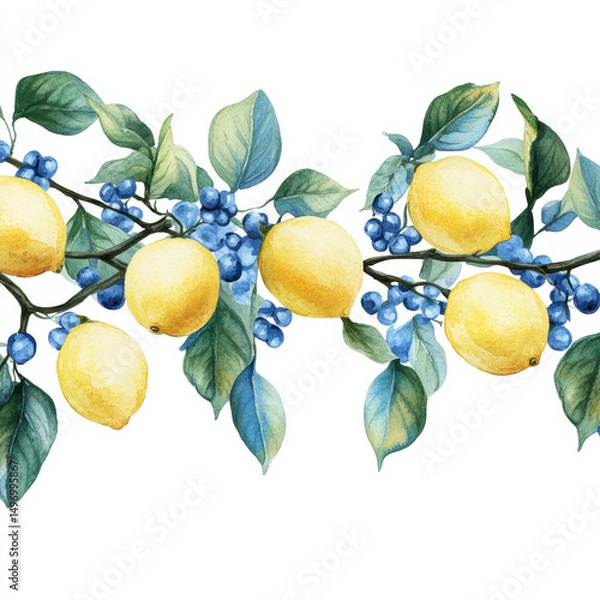 Fototapeta Watercolor Lemon tree branches seamless border,lemon set On a white background,Summer citrus fruit,Juicy colors,Hand drawn lemon set,Botanical illustration collection,Whole lemons,banner menu drink.
