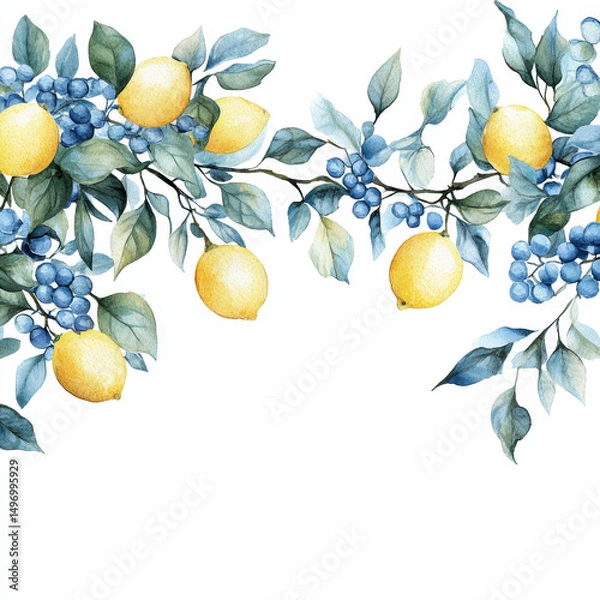 Fototapeta Watercolor Lemon tree branches seamless border,lemon set On a white background,Summer citrus fruit,Juicy colors,Hand drawn lemon set,Botanical illustration collection,Whole lemons,banner menu drink.