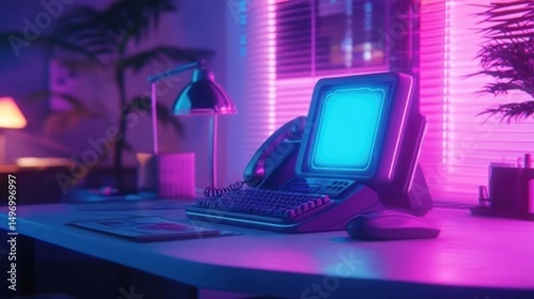 Fototapeta Retro workstation illuminated by vaporwave aesthetic lighting in an interior setting