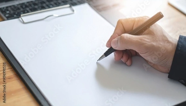 Fototapeta Impact tariff concept. A hand writing on a blank sheet of paper with a laptop in the background.